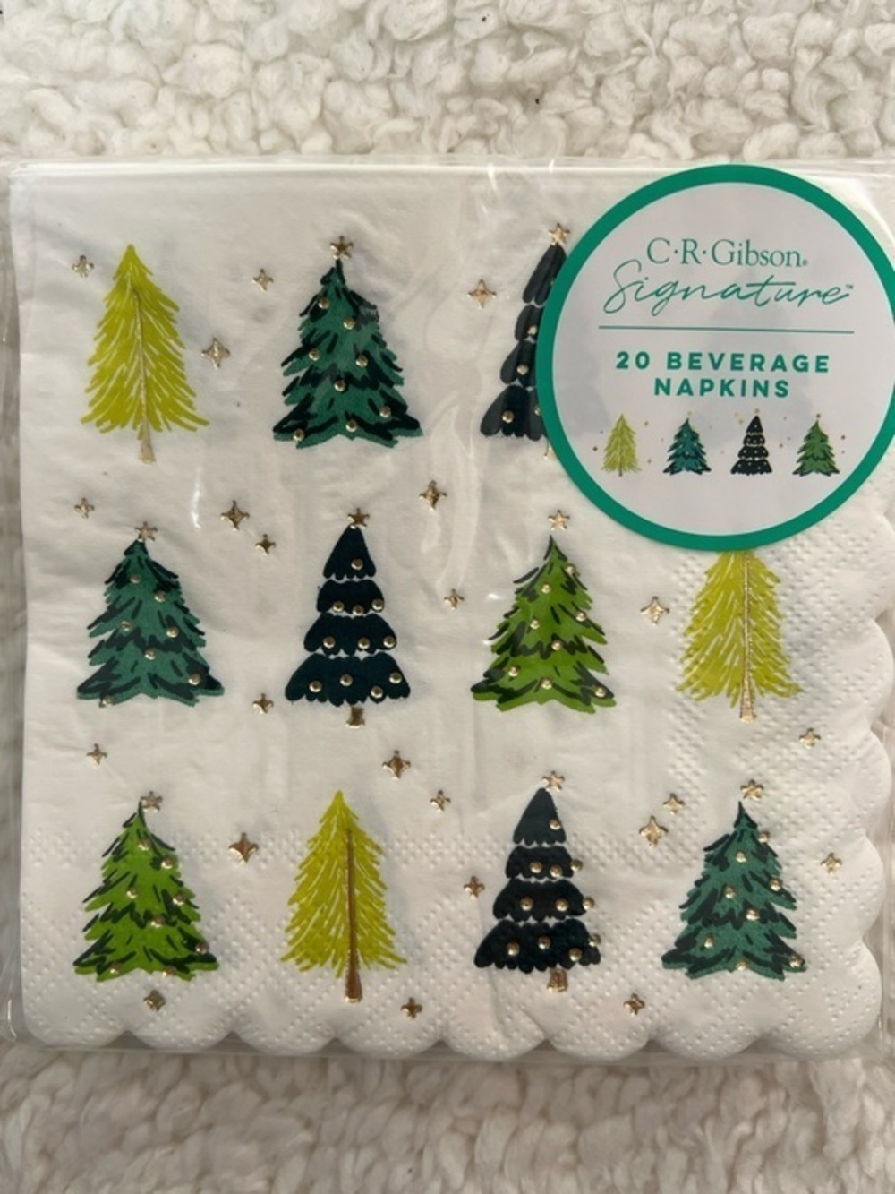 🎉2/$10 C.R. Gibson Signature "Holiday Trees" Paper with Foil Beverage Napkins